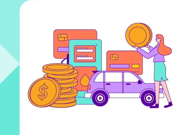 A drawing of a person holding a large coin in front of a car with coins, bank cards, and a gas pump behind the car