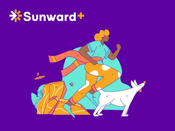 A simplified drawing of a human running through the desert with a dog with the text "Sunward+" and the Sunward logo in the top left