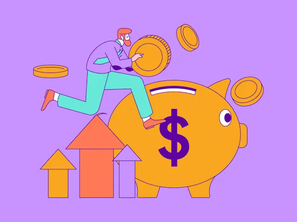 A drawing of a person sitting in front of a large laptop and other abstract objects.