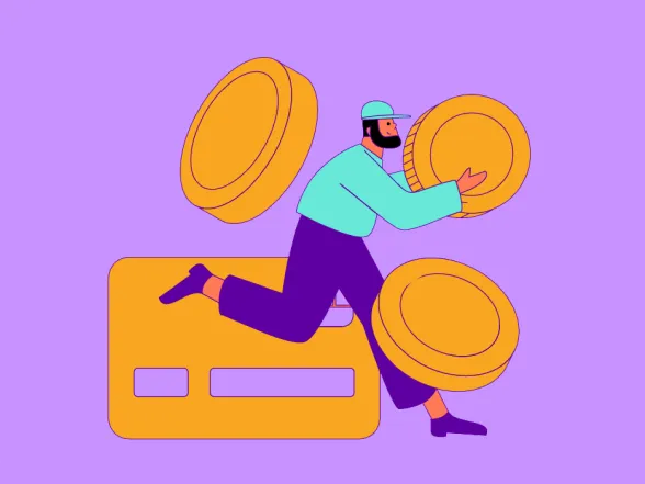 A drawing of two people with buildings, a money bag, a clipboard, and a calculator.