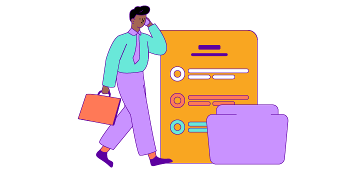 A drawing of a businessperson with a briefcase on the phone, there's a large representation of a folder and document