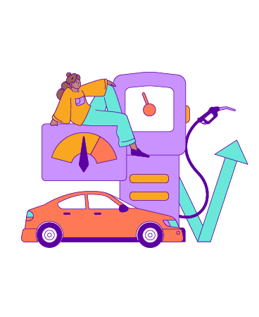 A drawing of a person sitting on a gauge next to a car and a fuel pump