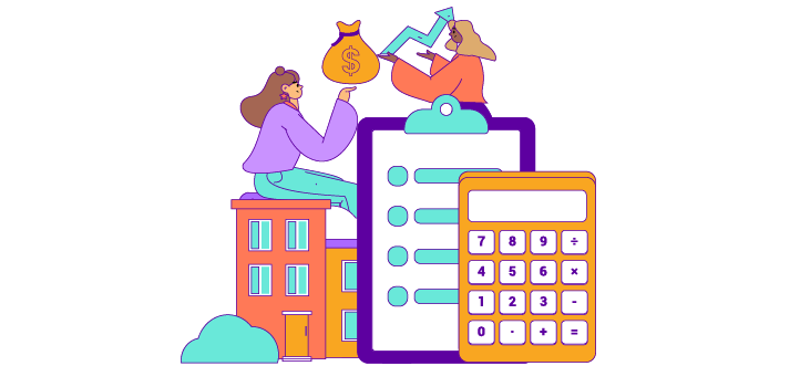 Simplified drawing of people, money, a clipboard, buildings, and a calculator