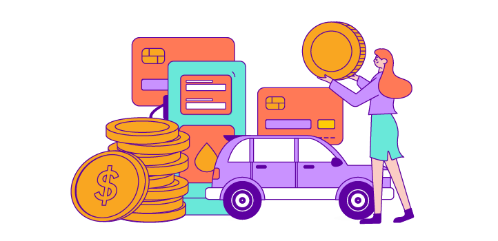 Drawing of a person with a car, gas pump, coins, and a bank card