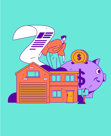 A drawing of a person with a house, a piggy bank, and a contract