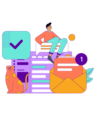 A drawing of a human and a cat in a stylized representation of an email inbox