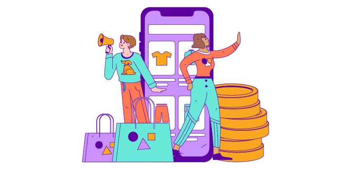 A drawing of two people, one speaking through a megaphone, standing with shopping bags, giant coints, and a giant phone with an online clothes shopping site on it