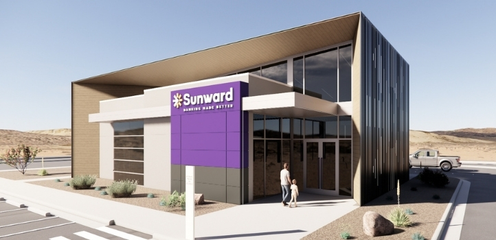 A digital mockup of the exterior of Sunward's Ladera branch. The sides and top of the building form a solid rectangle while the front is inset with windows.