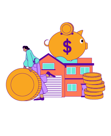 Drawing of a person with a house, giant coins, and a giant piggy bank