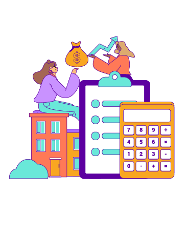 Drawing of two people. One of them is holding a money bag while sitting on a miniature building, the other is holding a rising chart arrow. A large clipboard and calculator are in the foreground.