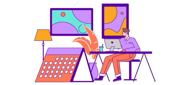 Illustration of a man at a desk with a giant calendar next to him.