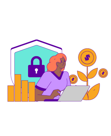 Drawing of a person working on a laptop with a plant growing coins and a shield with a lock on it in the background
