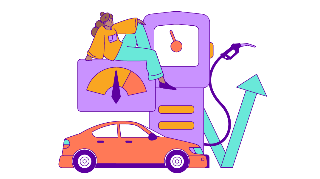 A drawing of a person sitting on a gauge next to a car and a fuel pump
