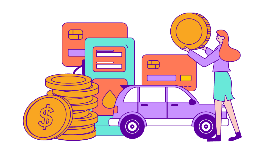 Drawing of a person with a car, gas pump, coins, and a bank card