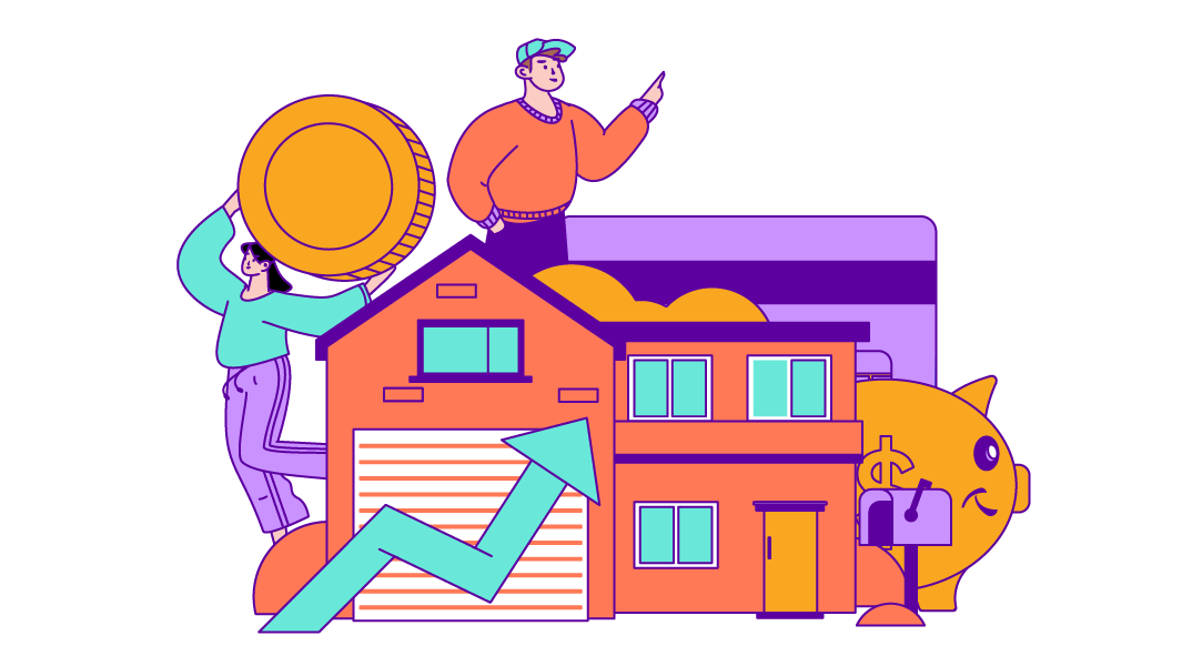 Simplified drawing of people, a house, and money