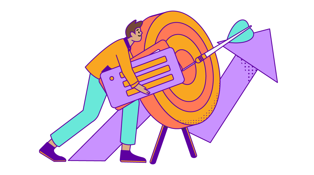 A person holding two large bank cards walks past a target with a dart and an upward arrow, symbolizing financial growth.