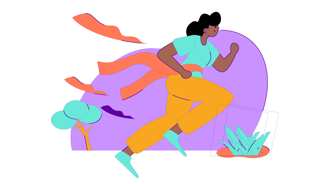 A drawing of a person running through natural surroundings including a tree and a bush.