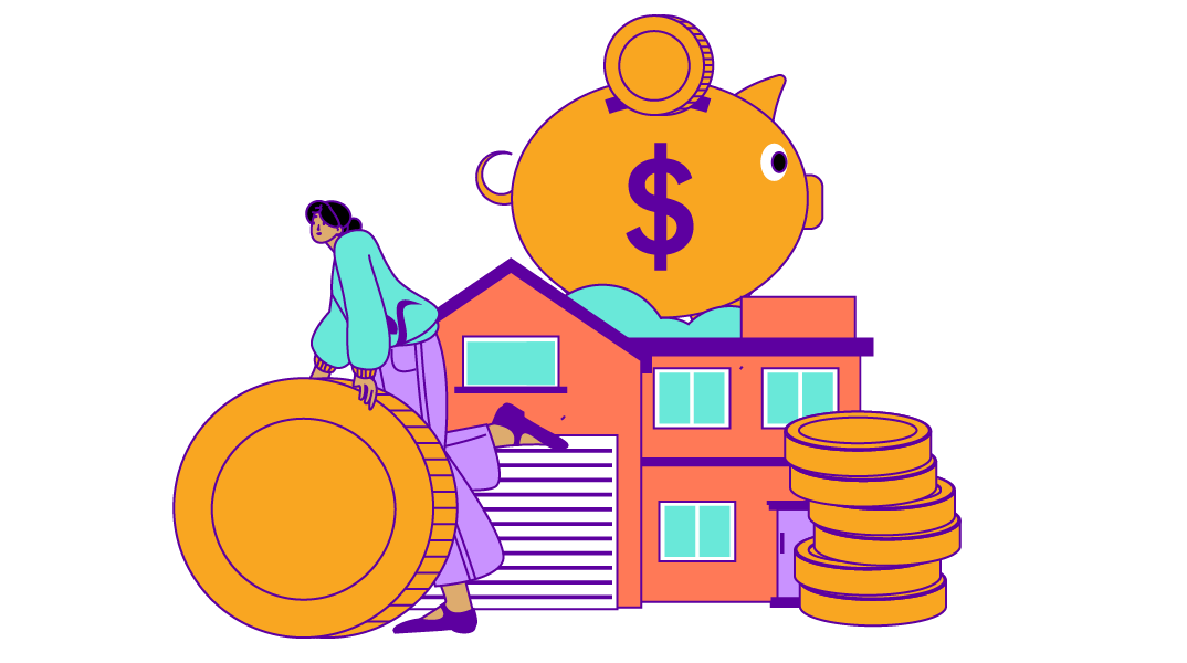 Drawing of a person with a house, giant coins, and a giant piggy bank