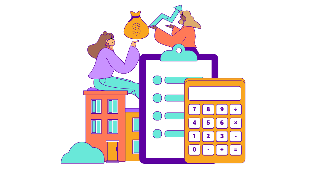 Drawing of two people. One of them is holding a money bag while sitting on a miniature building, the other is holding a rising chart arrow. A large clipboard and calculator are in the foreground.