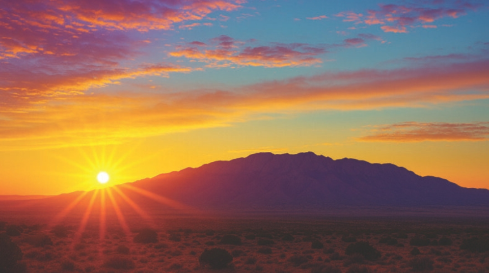 A desert landscape at sunset