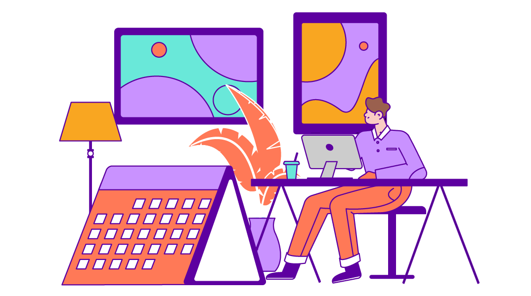 Illustration of a man at a desk with a giant calendar next to him.