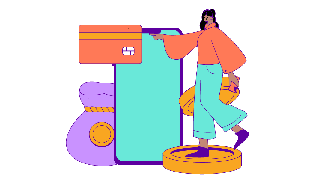 A drawing of a person holding a phone standing on a giant coin; a giant phone, a giant bank card, a giant coin, and a giant coin bag are behind and around the person