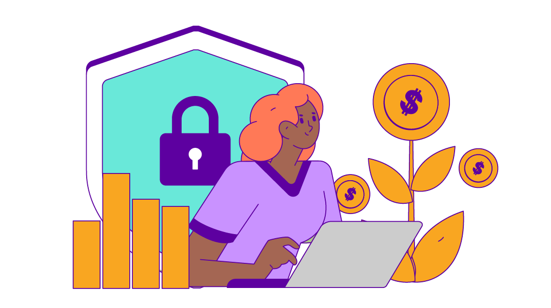 Drawing of a person working on a laptop with a plant growing coins and a shield with a lock on it in the background