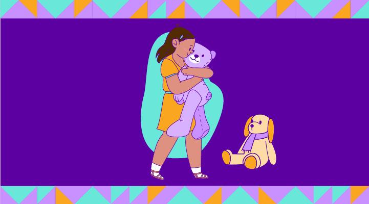 A drawing of a girl hugging a teddy bear