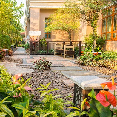 Photo of landscaped backyard filled with flowers