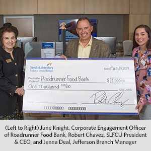 left to right are June Knight, Corporate Engagement Officer at Roadrunner Food Bank of New Mexico, Robert Chavez, Sunward President & CEO, Jenna Deal, Sunward Jefferson Branch Manager