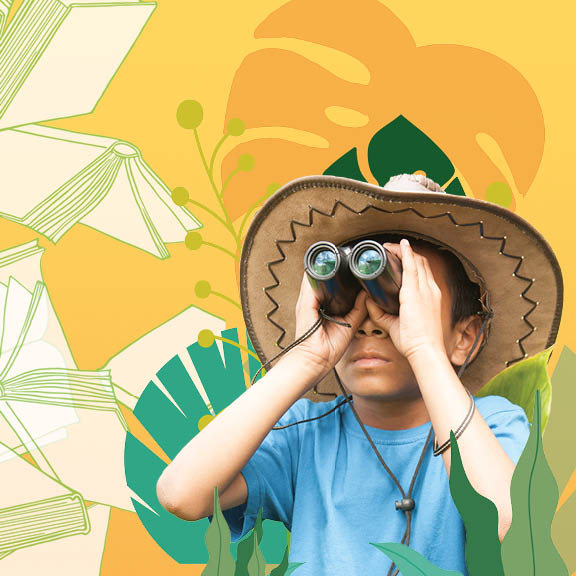 Child with binoculars surrounded by illustrations of books