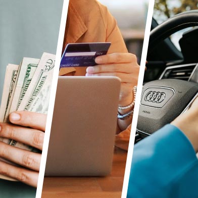 Three close ups of people handling money, holding a credit card, and driving a car