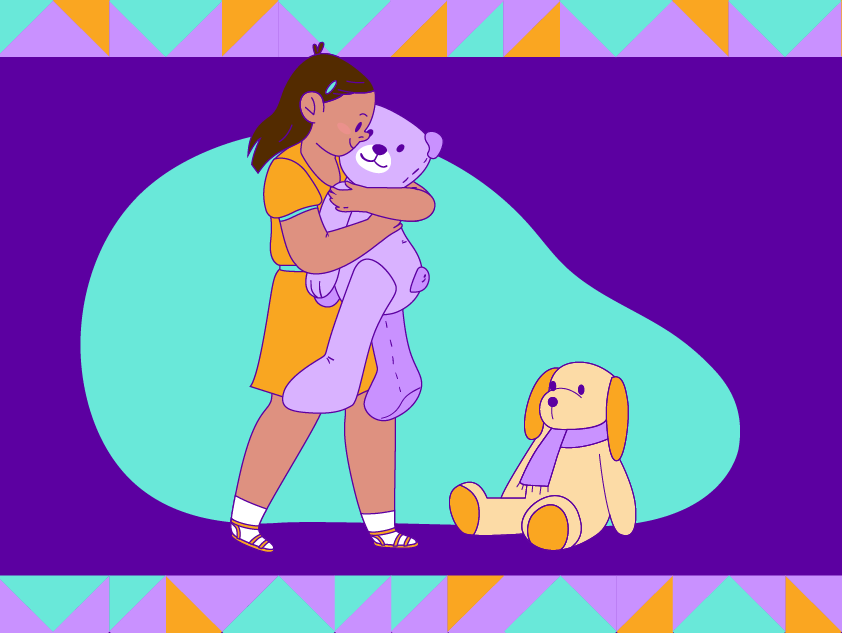 A drawing of a girl hugging a teddy bear